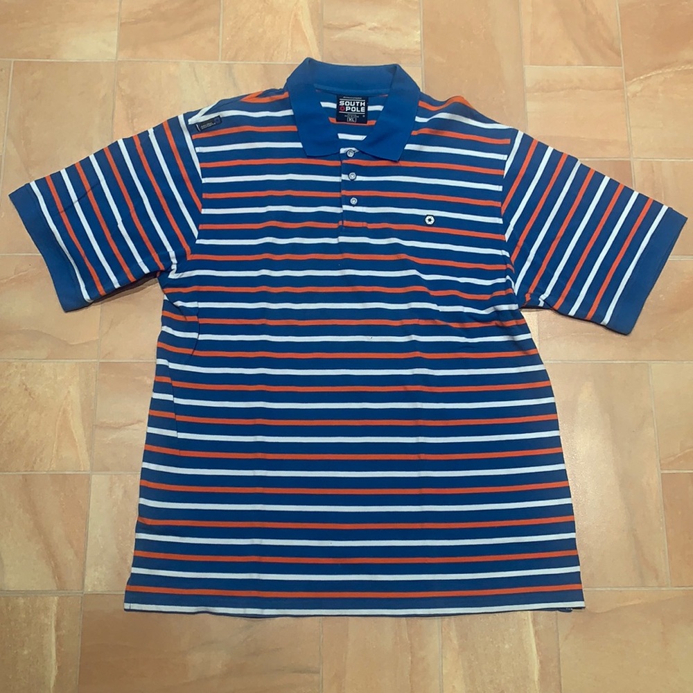 South Pole Men's Blue, White, & Orange Striped Short Sleeve Button Polo Shirt